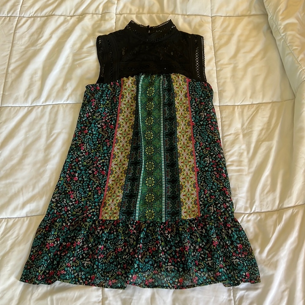 Lace top, floral dress.